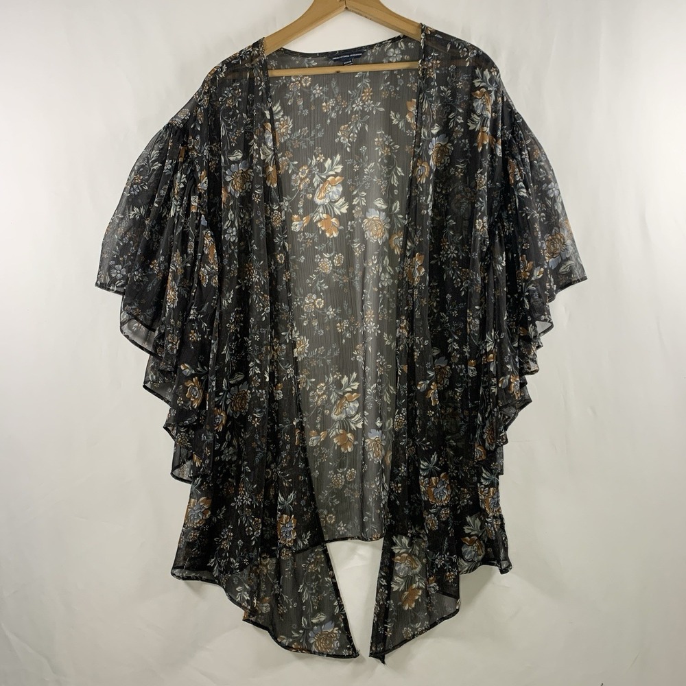Womens Sheer Floral Ruffle Sleeve Kimono Top Size M Cowgirl Dark Boho Romantic